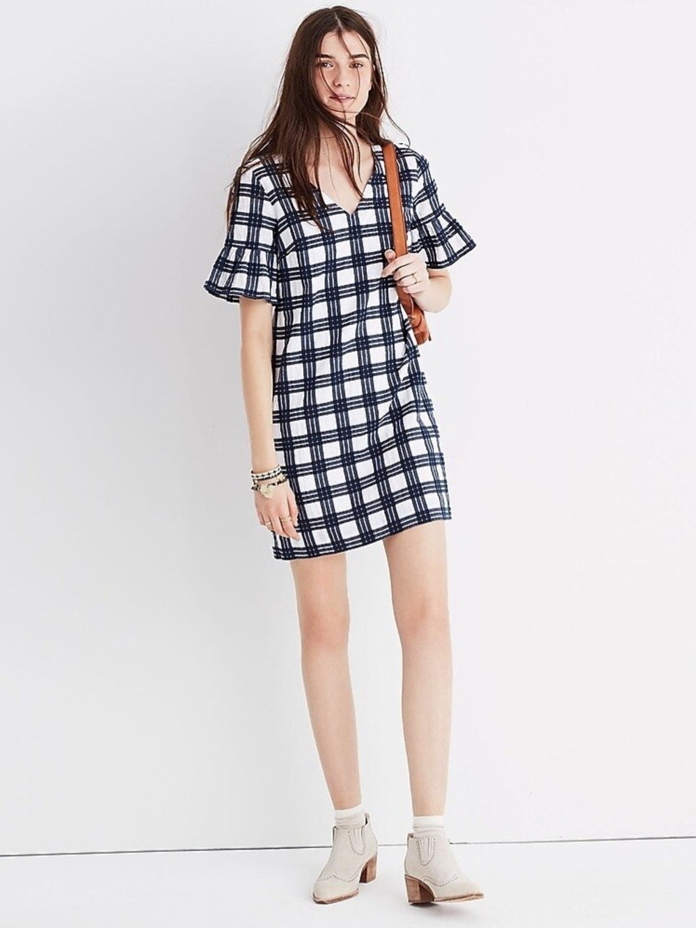 Madewell Bell-Sleeve Dress in Leighton Plaid, Transatlantic Blue